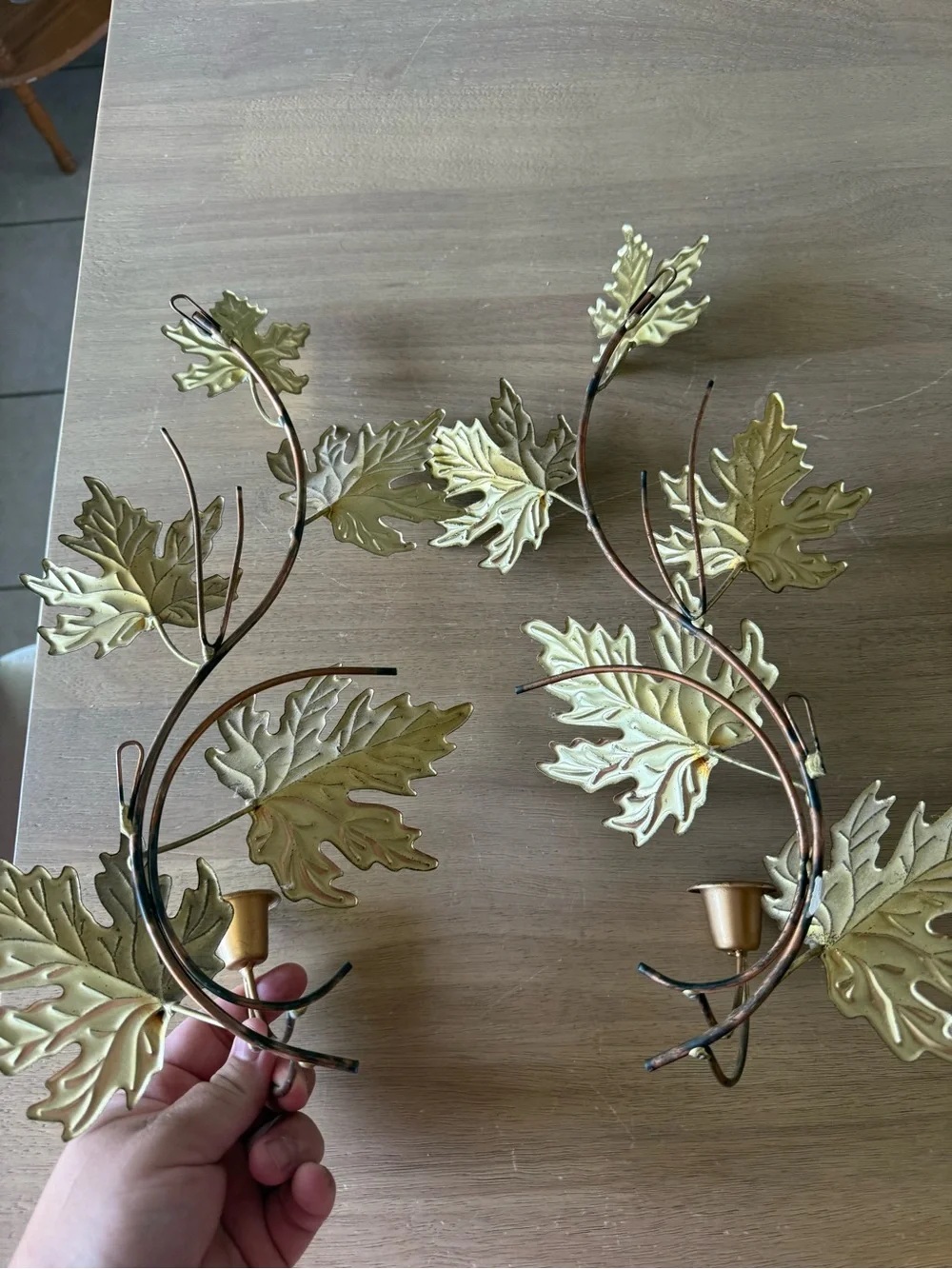 2 VTG HOMCO HOME INTERIOR BRASS COPPER MAPLE LEAF SCONCE CANDLE HOLDERS